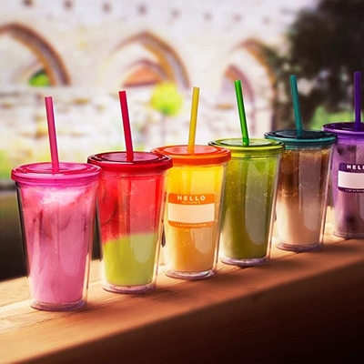 Чашка напитка Tumblers прозрачной двойной стены 450ML пластиковая выпивая с соломой и крышкой