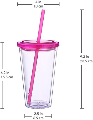 Чашка напитка Tumblers прозрачной двойной стены 450ML пластиковая выпивая с соломой и крышкой