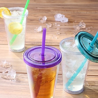 Чашка напитка Tumblers прозрачной двойной стены 450ML пластиковая выпивая с соломой и крышкой