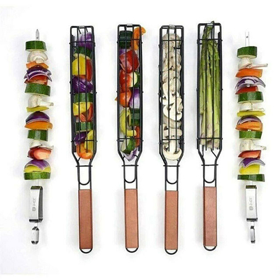 Nonstick деревянный Kabob корзины гриля БАРБЕКЮ ручки жаря корзины